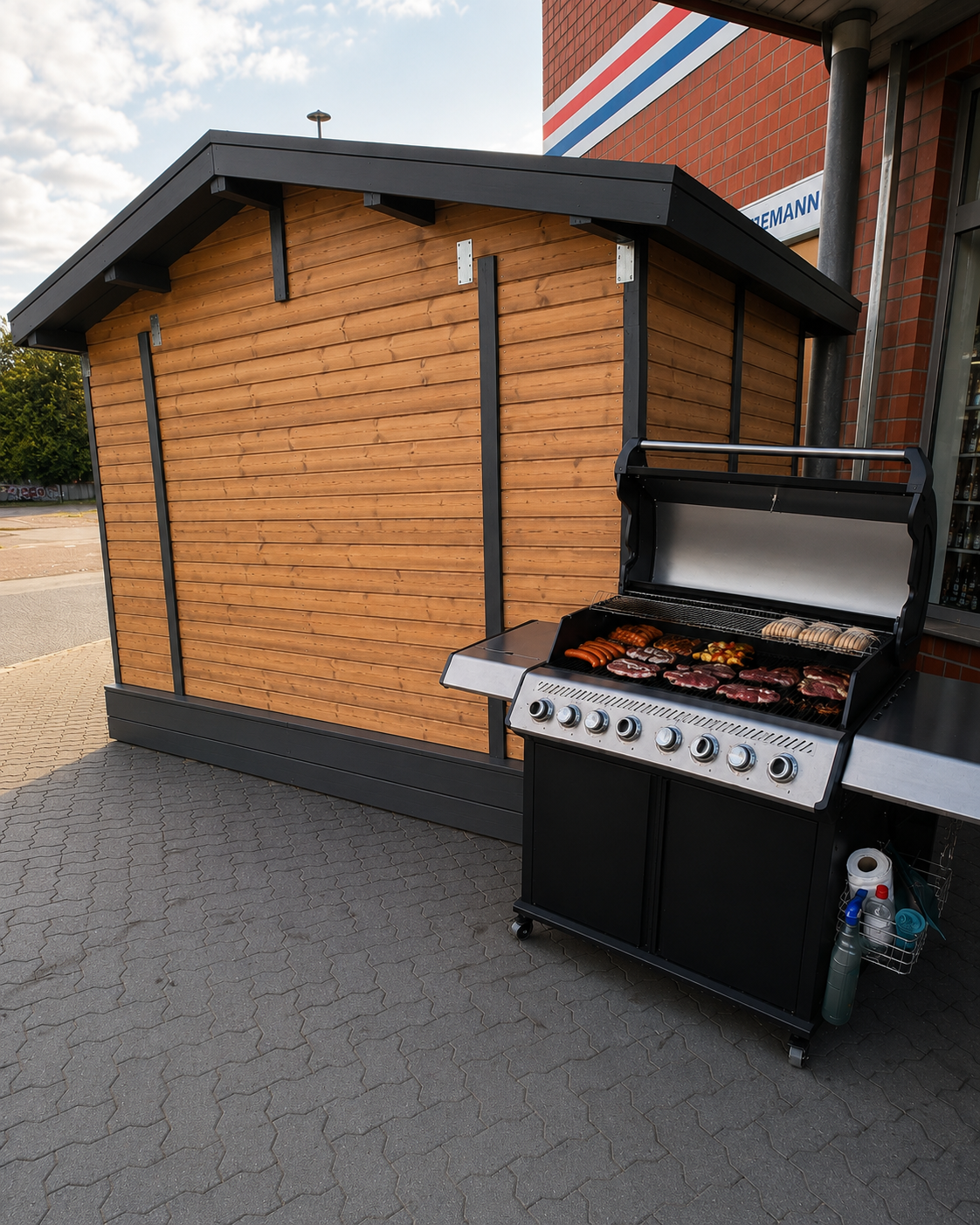 Grillhütte und Grill vor Getränke Hoffmann Gettorf