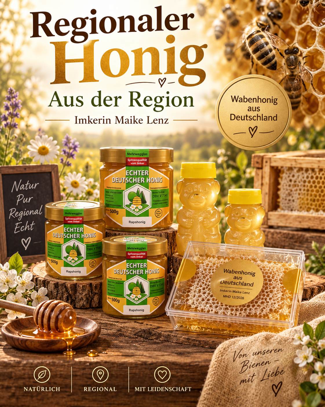 Regionaler Honig von Imkerin Maike Lenz – Honiggläser und Wabenhonig